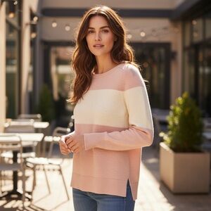 Halogen Blush and Ivory Crew Neck Sweater 100% Cashmere